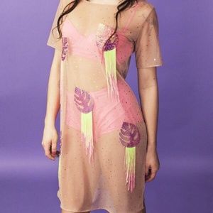 L.O.M Fashion Nude Mesh Sheer Glitter Dress